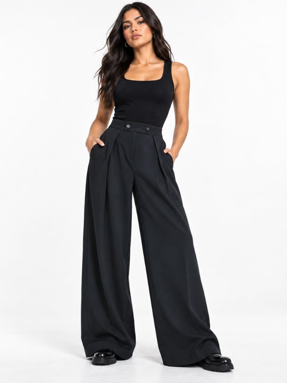 ASOS DESIGN Folded Front Wide-Leg Pants Black Tailored Trouser US 6 M